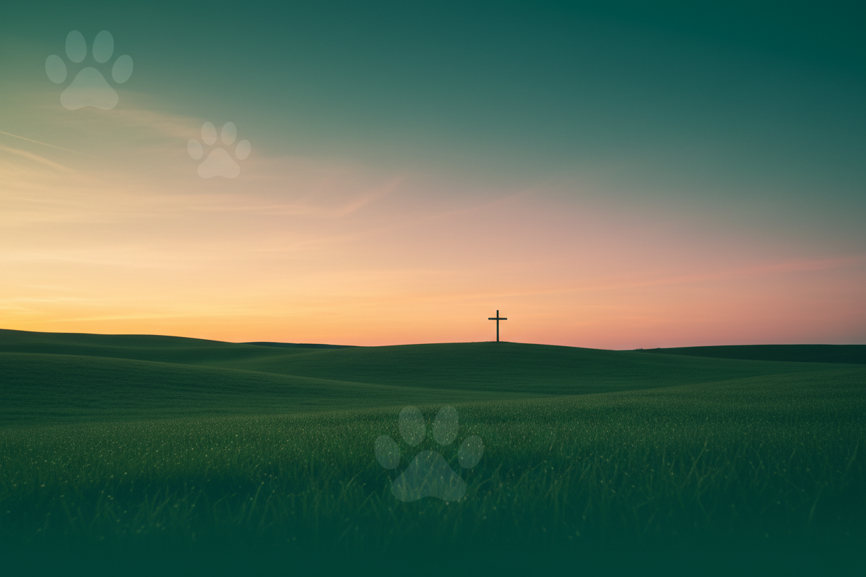 Deep Green Footer with Sunrise, Cross and Paw Print