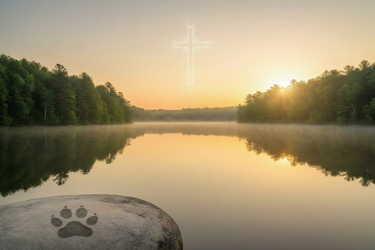 Lake Sunrise with Paw on Rock